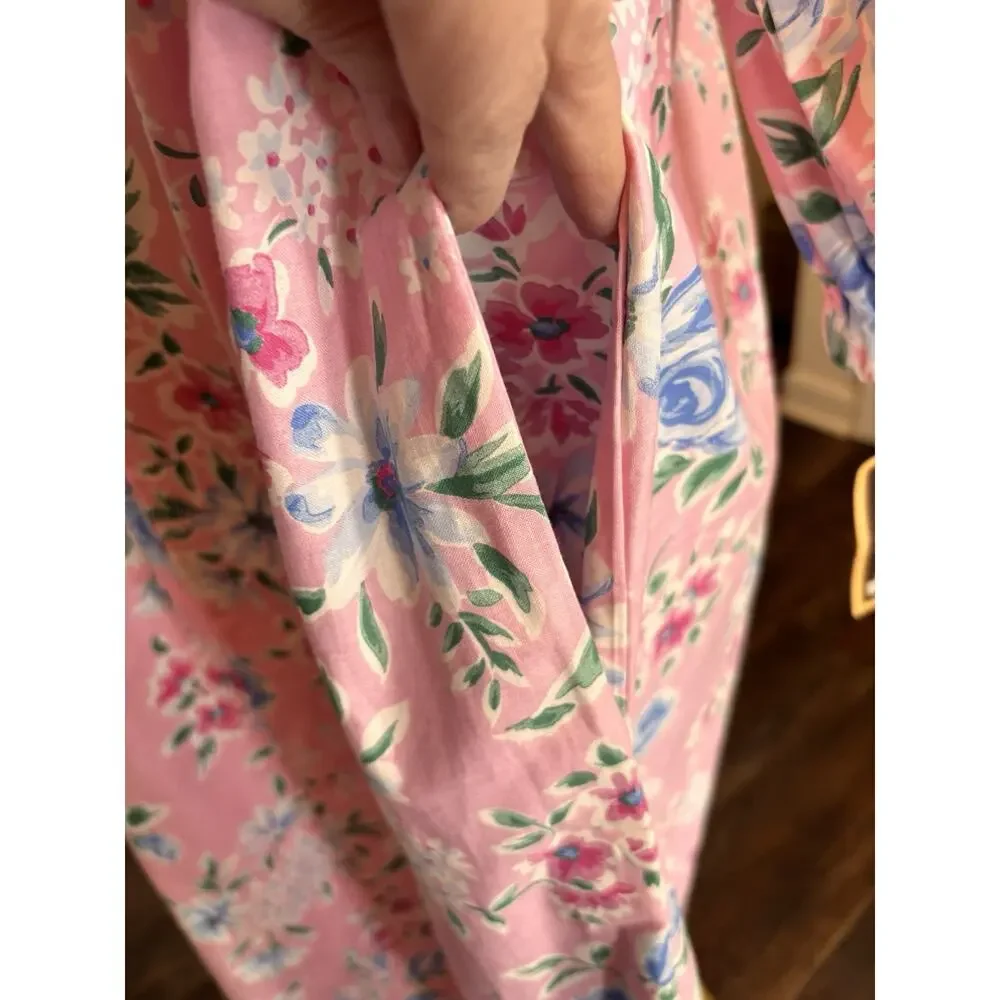 Vintage David Brown California Long Pink Floral House Dress Cotton Gown USA XS